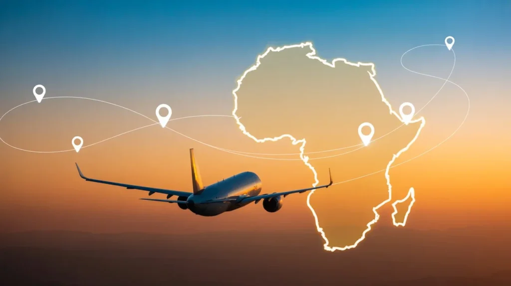 An AI generated image of a airplane flying towards a map of Africa