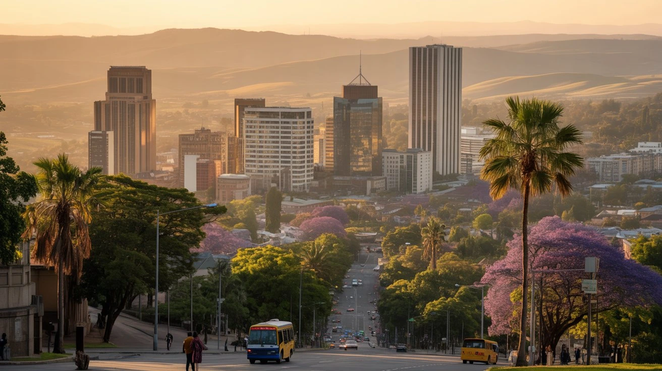 Harare city skyline with palm-lined streets and modern buildings in Zimbabwe