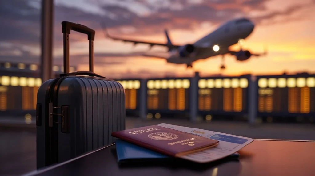 Suitcase and passport at an airport during last-minute flights from London to Harare Zimbabwe