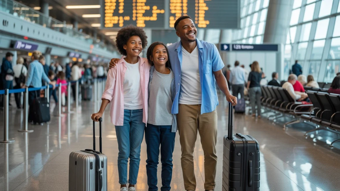 A happy Black British family with luggage at a UK airport departure lounge, smiling after booking flights in installments with no credit check through Skylines Trips