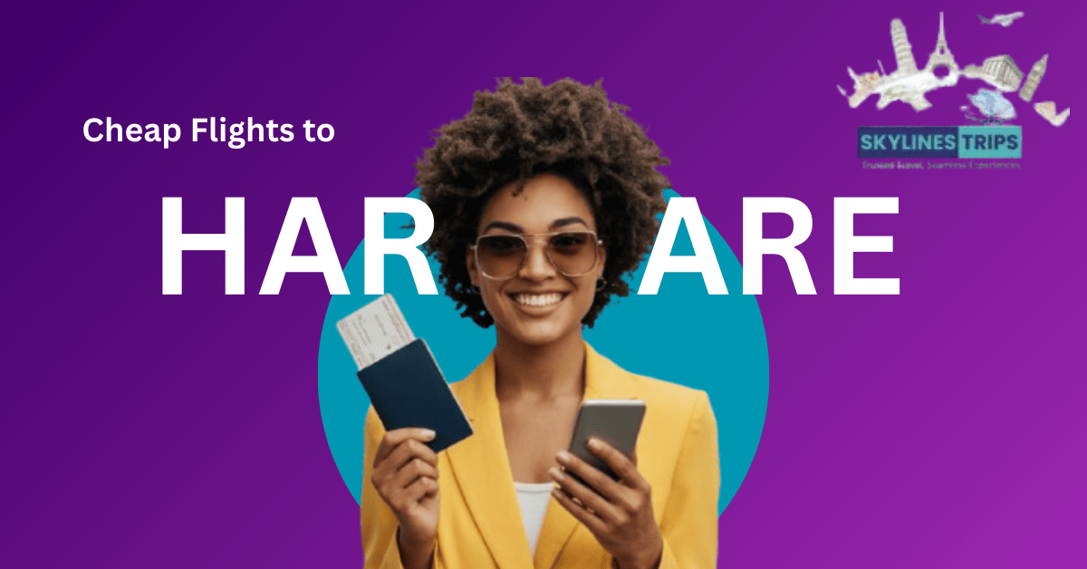 Cheap flights from London to Harare Zimbabwe with SkyLines Trips - woman holding passport and phone ready to fly to Harare from London