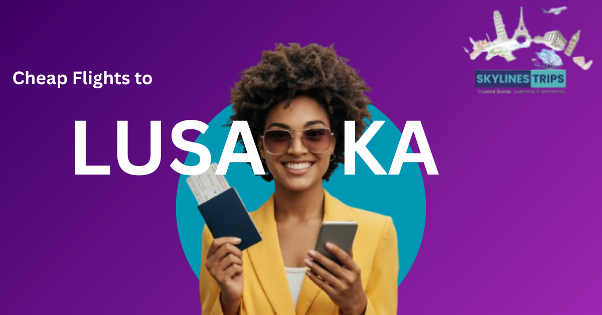 Cheap flights from London to Lusaka Zambia with SkyLines Trips – woman holding passport and phone ready to fly from London to Lusaka