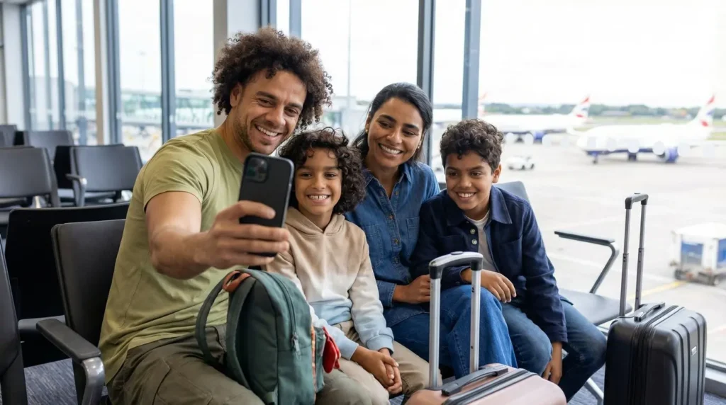 Black British family taking selfie at London airport departure lounge before flying to Africa using book now pay later installment payment plan