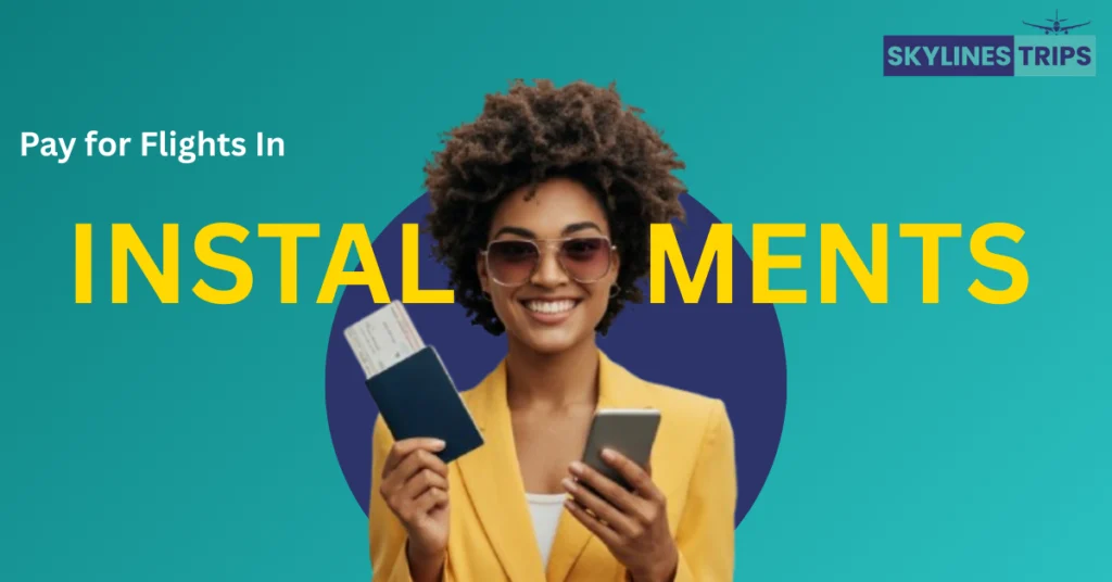 Pay for flights in installments UK with SkyLines Trips woman holding passport and phone promoting flexible Book now pay late flight payment plan with no credit check .