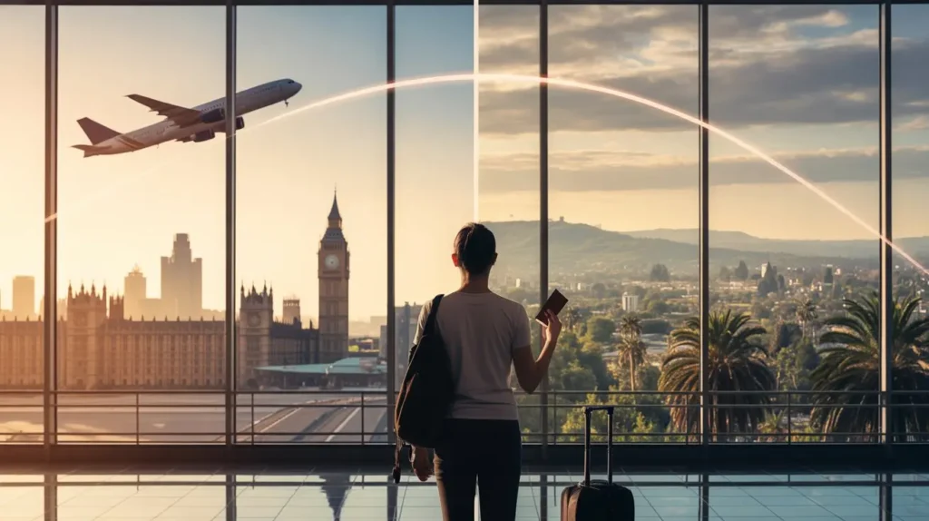 Traveler at airport window viewing flight route from London skyline to Harare Zimbabwe cityscape